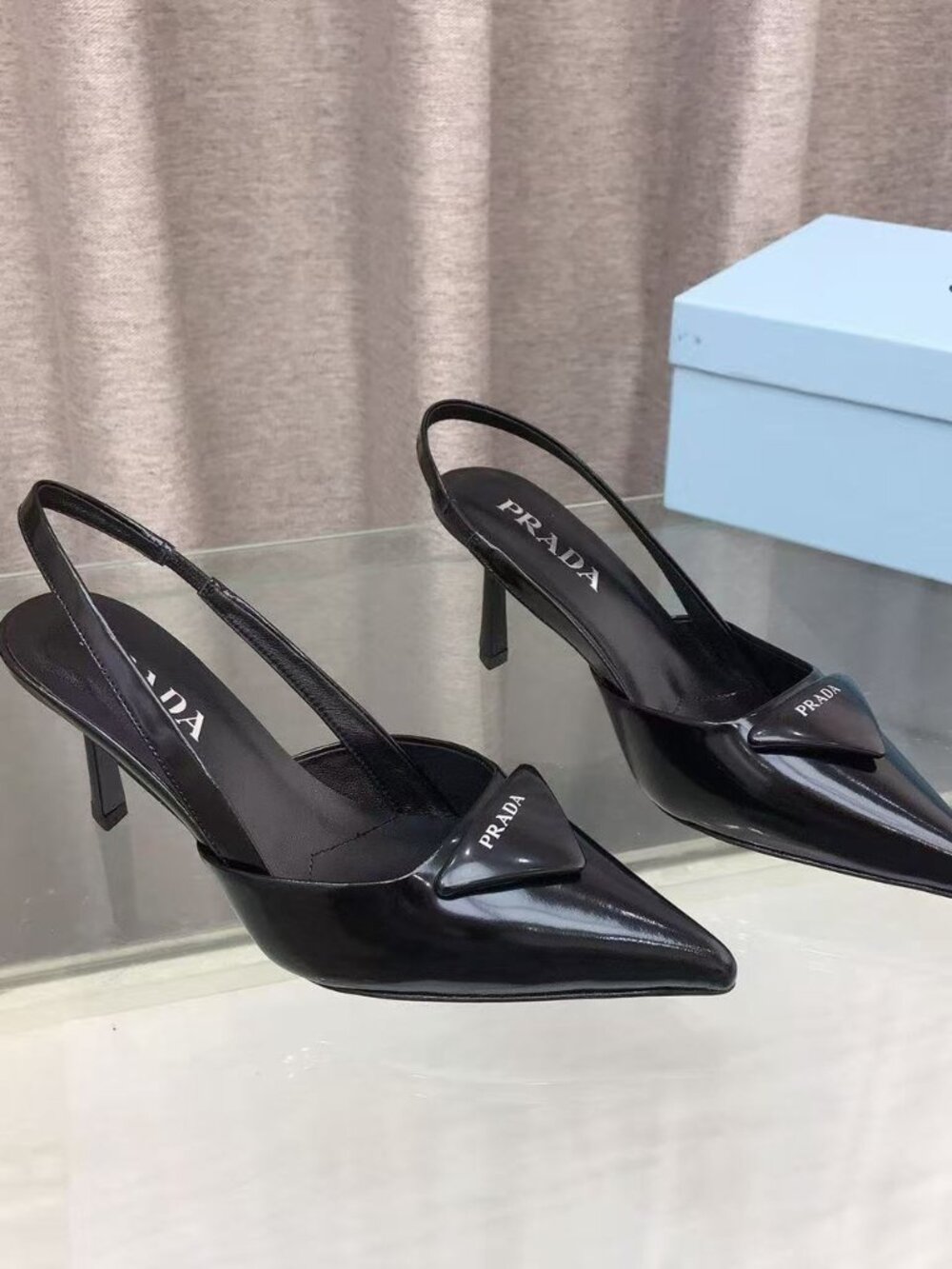 Prada Black Patent Leather Slingback Pumps Triangle Logo Kitten Heels - Picture 2 of 6